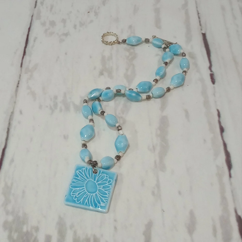 Blue Flower Ceramic Bead Necklace - Picture 1 of 14